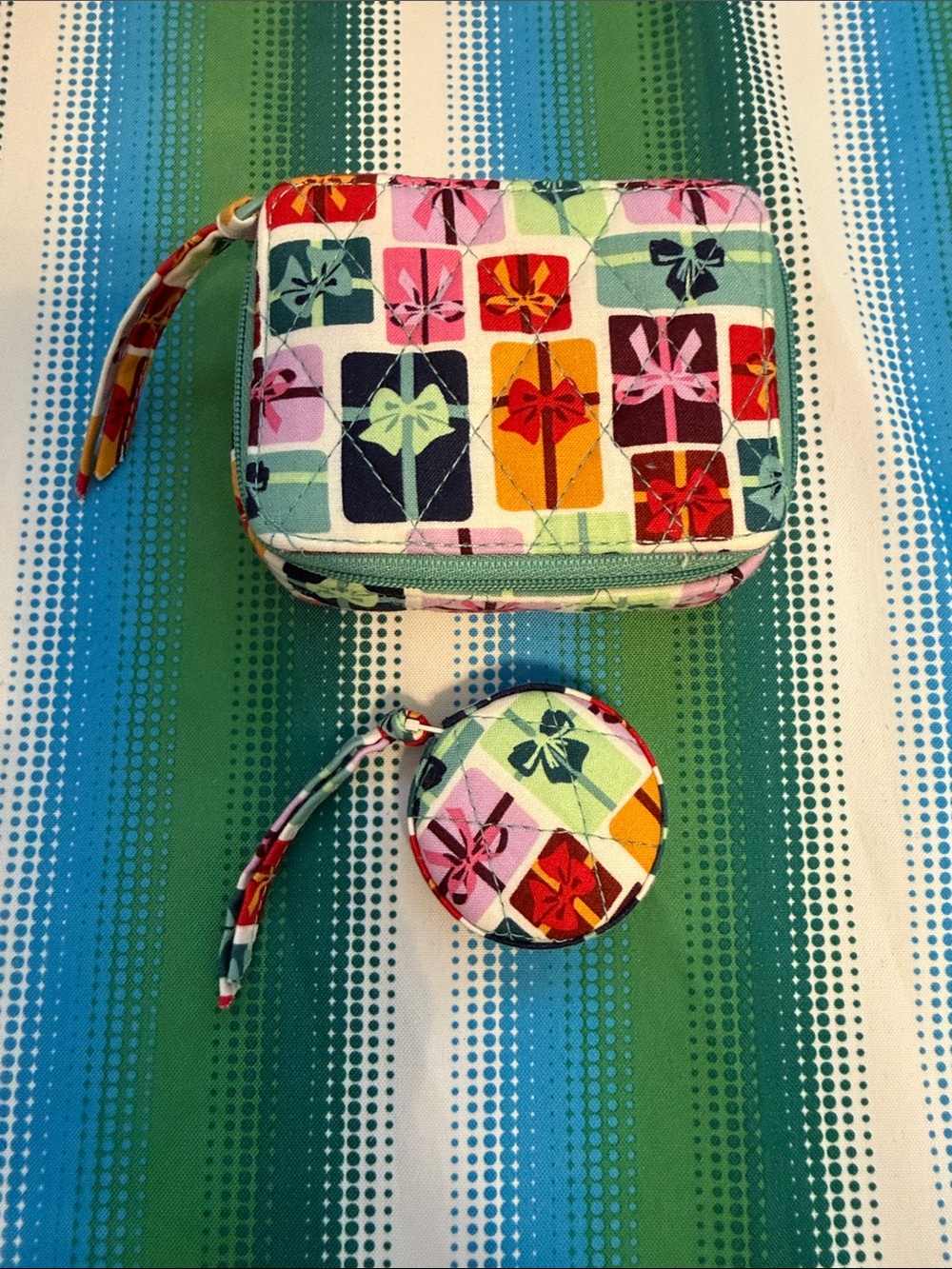 Vera Bradley Colorful Quilted Travel Pill Case with Matching Tape Measure